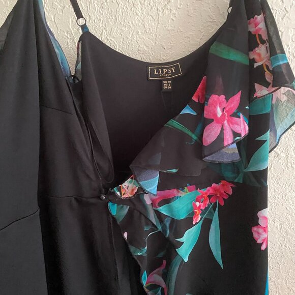 New Lipsy London Maxi Dress 6 (10 UK) Black Floral Chiffon Wrap High-Low Ruffle - Picture 9 of 16